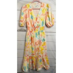 Pinch Womens Watercolor Abstract Puff Sleeve Smocked Tie Back Midi Dress Large